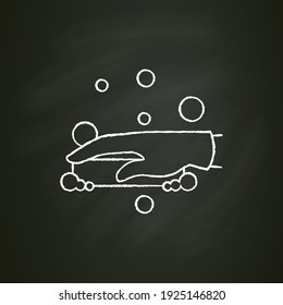 Soap cleaning chalk icon. Soaping, foaming. Housekeeper hand with soap pictogram. Wet cleaning. Housekeeping and surface disinfection concept. Isolated vector illustration on chalkboard
