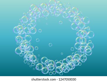 Soap cleaning foam background. Shampoo bubbles and suds. Bright spray and splash. Realistic water frame and border. 3d vector illustration flyer. Blue colorful liquid soap cleaning.