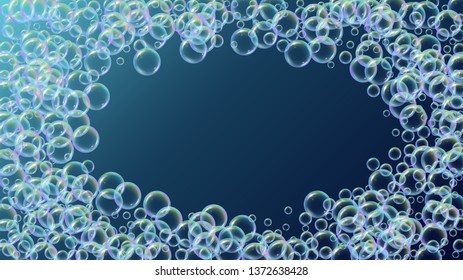 Soap cleaning foam background. Shampoo bubbles and suds. 3d vector illustration concept. Bright spray and splash. Realistic water frame and border. Blue colorful liquid soap cleaning.
