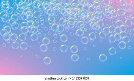 Soap cleaning foam background. Shampoo bubbles and suds. 3d vector illustration invite. Bright spray and splash. Realistic water frame and border. Purple colorful liquid soap cleaning.