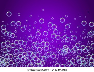 Soap cleaning foam background. Shampoo bubbles and suds. Stylish spray and splash. Realistic water frame and border. 3d vector illustration poster. Purple colorful liquid soap cleaning.