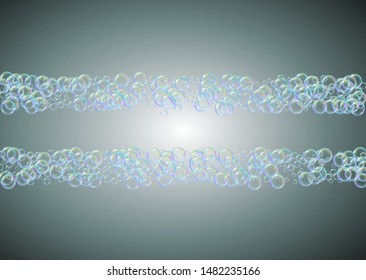 Soap cleaning foam background. Shampoo bubbles and suds. 3d vector illustration layout. Minimal spray and splash. Realistic water frame and border. Grey colorful liquid soap cleaning.