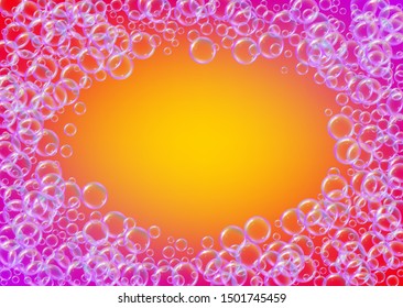 Soap cleaning foam background. Shampoo bubbles and suds. 3d vector illustration concept. Bright spray and splash. Realistic water frame and border. Rainbow colorful liquid soap cleaning.