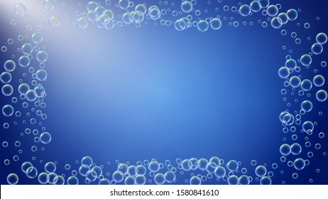 Soap cleaning foam background. Shampoo bubbles and suds. Bright spray and splash. Realistic water frame and border. 3d vector illustration invite. Blue colorful liquid soap cleaning.