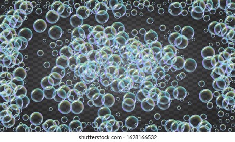 Soap cleaning foam background. Shampoo bubbles and suds. 3d vector illustration invite. Minimal spray and splash. Realistic water frame and border. Isolated colorful liquid soap cleaning.