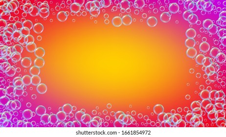 Fondo de espuma para limpieza de jabón. Burbujas de champú y sapos. Pulverización mínima y salpicaduras. Marco de agua realista y frontera. 3d concepto de ilustración vectorial. Limpieza de jabón líquido de color arcoiris.