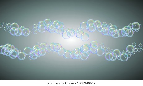 Soap cleaning foam background. Shampoo bubbles and suds. 3d vector illustration poster. Creative spray and splash. Realistic water frame and border. Grey colorful liquid soap cleaning.