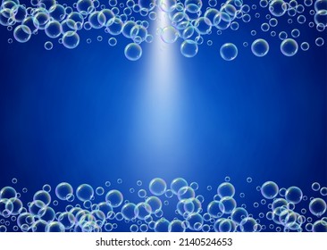 Soap cleaning foam background. Shampoo bubbles and suds. Rainbow fizz and splash. Realistic water frame and border. Blue 3d vector illustration design. colorful liquid soap cleaning.
