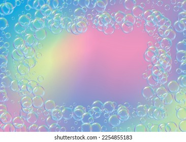 Soap cleaning foam background. Shampoo bubbles and suds. Vibrant spray and splash. Realistic water frame and border. 3d vector illustration poster. Rainbow colorful liquid soap cleaning.