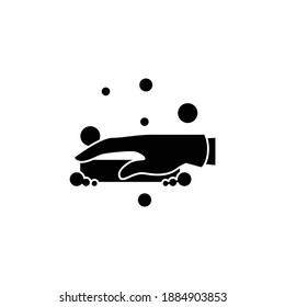 Soap cleaning glyph icon. Soaping, foaming. Housekeeper hand in glove with soap or sponge filled flat sign. Housekeeping and surface disinfection concept. Isolated silhouette vector illustration
