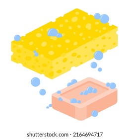 Soap and cleaning sponge. Isometric flat illustration