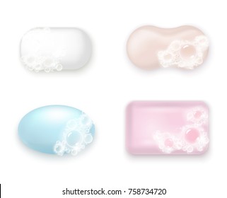 Soap color bars realistic set with bubbles isolated vector illustration