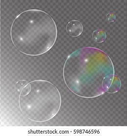Soap colorful bubbles realistic transparent and background vector 3d set
