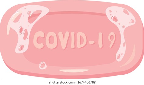 Soap for corona virus. Pink bar whit text covid-19. 