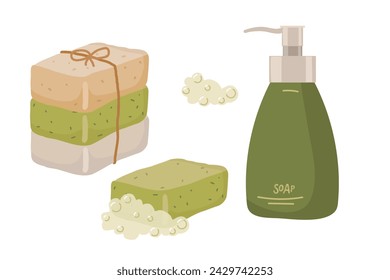 Soap different types. Bar of soap with foam, bunch of handmade pieces, liquid soap bottle for advertising, store, sale. Cartoon vector illustration on white background. Organic soap making.