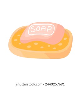 Soap in a dish. A flat cosmetic  icon in a soap dish in a simple style. Vector illustration. Pink soap with an inscription in a yellow soap dish for hygiene. Isolated on a white background