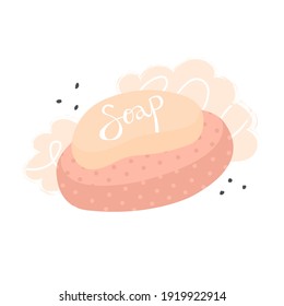 Soap in a dish. Isolated on white background. Washing hands. Self care. Prevention actions. Foam, coronavirus, pandemic. Vector illustration. Poster, print, card, sticker design. Medicine, protection.