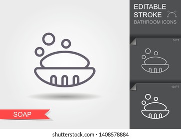 Soap in soap dish. Outline icon with editable stroke. Linear symbol of the bathroom with shadow