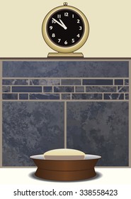 Soap dish resting on bathtub edge below clock on ledge of tiled wall