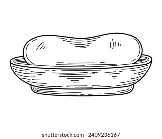 Esbozo de plato de jabón. Higiene, manos limpias. Ilustración de líneas dibujadas a mano.