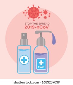 Soap dispenser and alcohol spray bottle for stop the spread 2019 ncov virus design coronavirus infection epidemic disease symptoms and medical theme Vector illustration