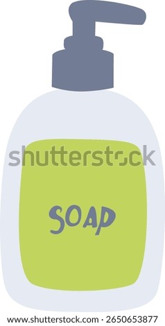 A soap dispenser bottle with label and pump head, used to dispense hand soap for washing and hygiene.
