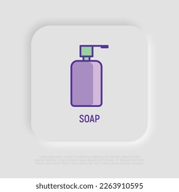 Soap dispenser: bottle with pump. Thin line icon. Simple packaging for beauty product. Modern vector illustration.