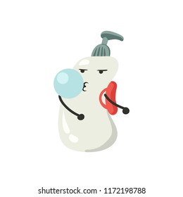 Soap dispenser dancing cool floss dance with red backpack and blowing bubble of chewing gum vector character isolated on white