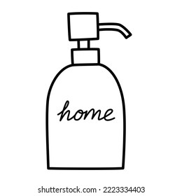 Soap dispenser icon, bathroom decor, home decoration ideas, scandi and japandi interior, vector doodle illustration of trendy ceramic bottle and lettering, isolated outline clipart on white background