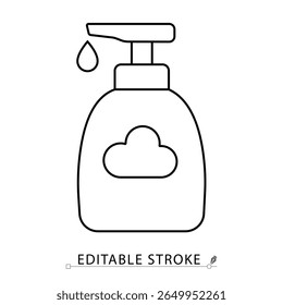 A soap dispenser icon in minimalist style with editable stroke. Hygiene container, liquid soap bottle, handwashing item, sanitation concept, household cleaning, outline drawing