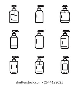 Coleção De Conjuntos De Ícones Do Dispensador Soap. Linha simples de arte de várias garrafas de bomba para produtos de limpeza
