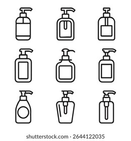Coleção De Conjuntos De Ícones Do Dispensador Soap. Linha simples de arte de várias garrafas de bomba para produtos de limpeza
