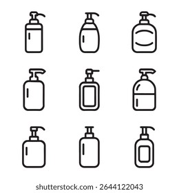 Coleção De Conjuntos De Ícones Do Dispensador Soap. Linha simples de arte de várias garrafas de bomba para produtos de limpeza
