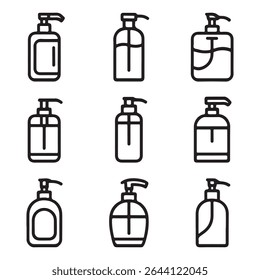 Coleção De Conjuntos De Ícones Do Dispensador Soap. Linha simples de arte de várias garrafas de bomba para produtos de limpeza

