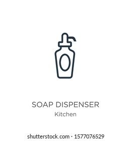 Soap dispenser icon. Thin linear soap dispenser outline icon isolated on white background from kitchen collection. Line vector sign, symbol for web and mobile