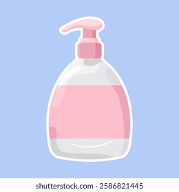 Soap dispenser icon. Transparent plastic bottle with pump filled with liquid soap. Hygiene and skincare product for hand washing and personal care.