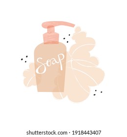 Soap dispenser. Isolated on white background. Washing hands. Self care. Prevention actions. Foam, coronavirus, pandemic. Vector illustration. Poster, print, card, sticker design. Medicine advices. 