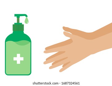 There’s a soap dispenser in the left and two hands washing their fingers in the right. Concept about health, hygiene, hospitality, medical, protective and etc.