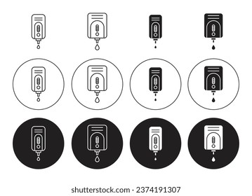Juego de iconos de la línea del dispensador de jabón. Icono del dispensador de gel de lavado de manos líquido en color negro para diseños de interfaz de usuario.