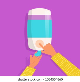 Soap in the dispenser. Man washes his hands Vector. Cartoon. Isolated art on white background. Flat
