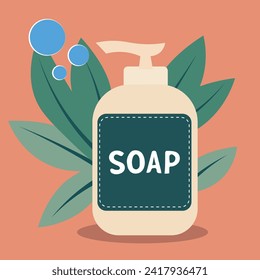 Soap dispenser with Scandinavian simple and minimalist style, in earthy colors, surrounded by natural plants, and featuring the word "soap" on the product. Vector illustration.