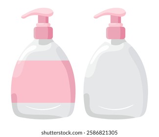Soap dispenser set icon. Two liquid soap bottles, one with soap and one empty. Used for hand hygiene and cleaning.