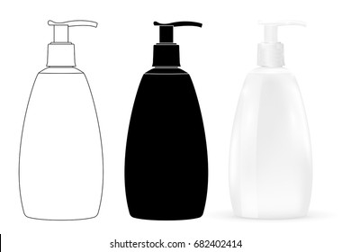 Soap Dispenser. Sink Pump Bottle. Black And White Icons And 3d Model. Vector Illustration Isolated On White Background