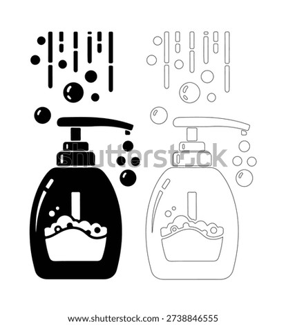 Soap dispenser with suds and falling drops, clean hygiene concept symbol.