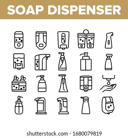 Soap Dispenser Tool Collection Icons Set Vector. Soap Dispenser Equipment Fow Wash Hand, Bottle For Lotion, Hygiene Liquid Drop Concept Linear Pictograms. Monochrome Contour Illustrations
