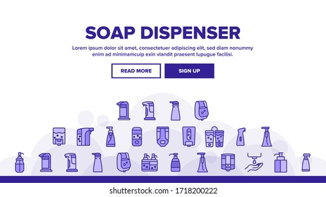 Herramienta Dispenser Jabón Landing Página Web Cabecera de Página Web Vectora de Plantilla de Banner. Equipo Dispensador De Jabón Mano De Lavado, Frasco Para Loción, Ilustraciones De Caída Líquida De Higiene