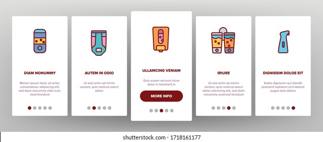Soap Dispenser Tool Onboarding Icons Set Vector. Soap Dispenser Equipment Fow Wash Hand, Bottle For Lotion, Hygiene Liquid Drop Illustrations