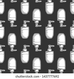 Soap dispenser. Vector concept in doodle and sketch style. Hand drawn illustration for printing on T-shirts, postcards. Seamless pattern for textile, paper wrap.