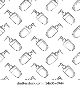 Soap dispenser. Vector concept in doodle and sketch style. Hand drawn illustration for printing on T-shirts, postcards. Seamless pattern for textile, paper wrap.