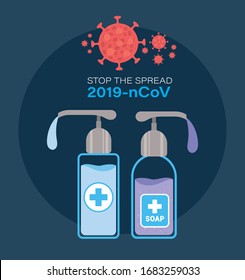 Soap dispensers for stop the spread 2019 ncov virus design of Covid 19 cov coronavirus infection corona epidemic disease symptoms and medical theme Vector illustration
